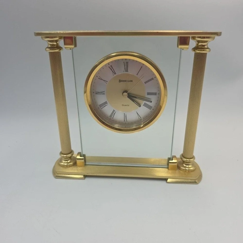 VTG Benchmark Brass & Glass Quartz Clock Desk Mantle